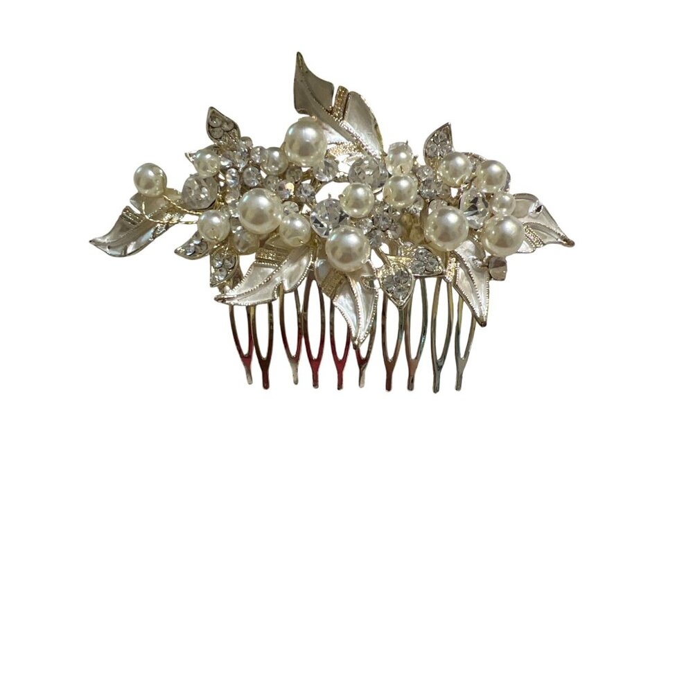 Gold Tone Bridal Hair Comb Faux Pearls Rhinestones Leaf Design Pageant Prom 4"
